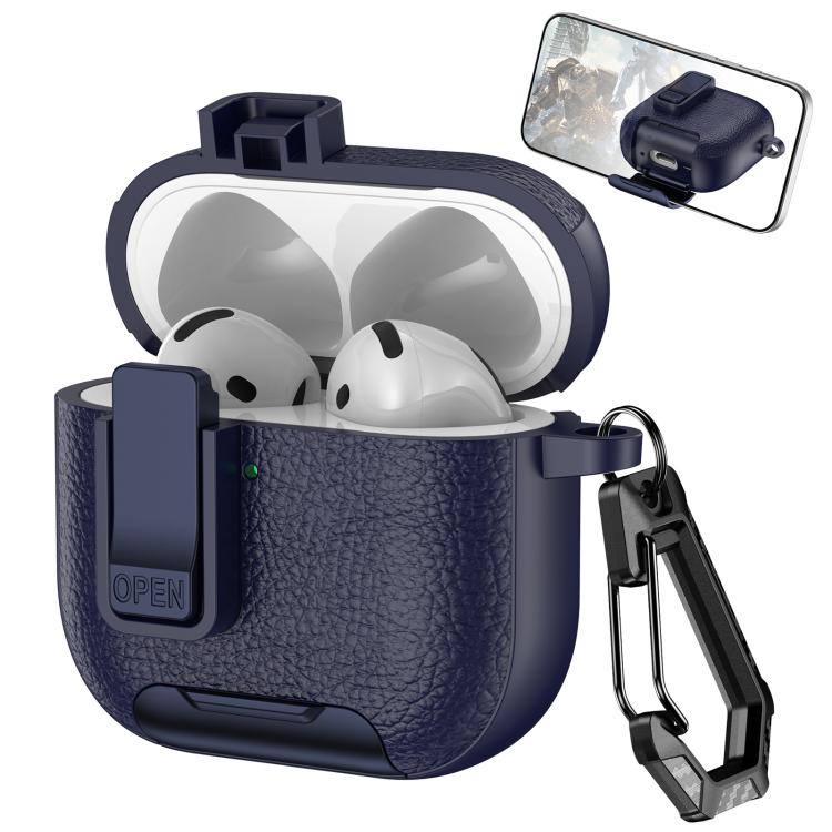 For AirPods 4 Leather Texture Wireless Earphones Case with Hook & Holder(Dark Blue)