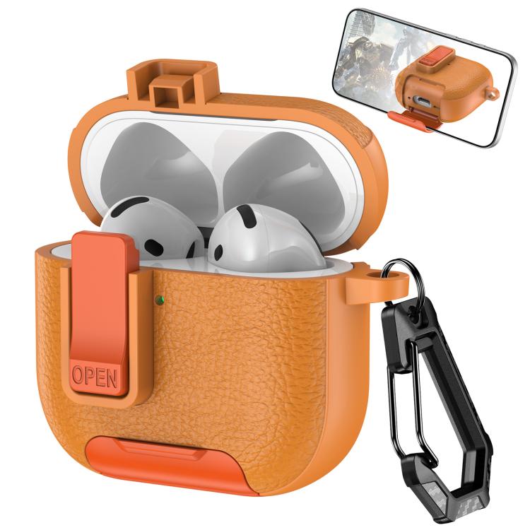 For AirPods 4 Leather Texture Wireless Earphones Case with Hook & Holder(Orange)