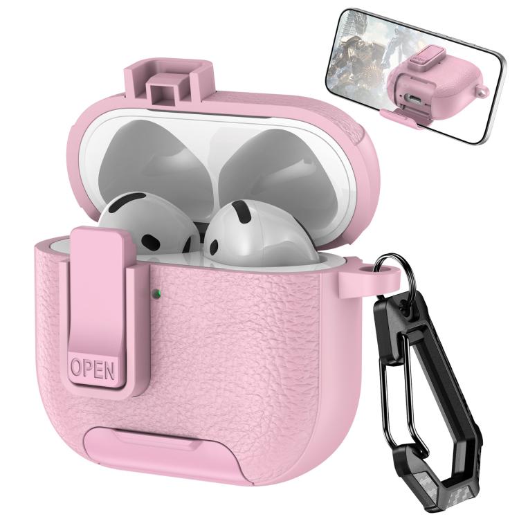 For AirPods 4 Leather Texture Wireless Earphones Case with Hook & Holder(Pink)