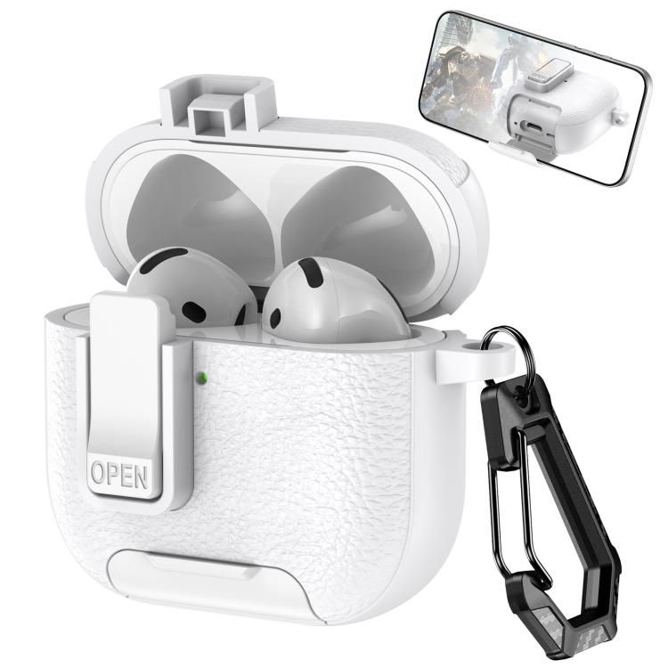 For AirPods 4 Leather Texture Wireless Earphones Case with Hook & Holder(White)