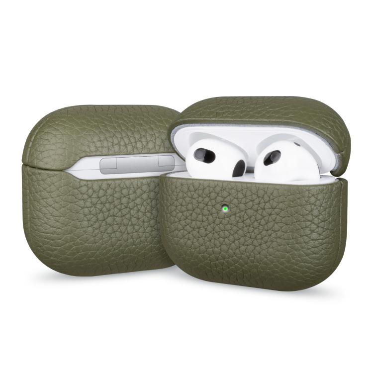 For AirPods 4 Litchi Grain Genuine Leather Earbuds Protective Case(Army Green)