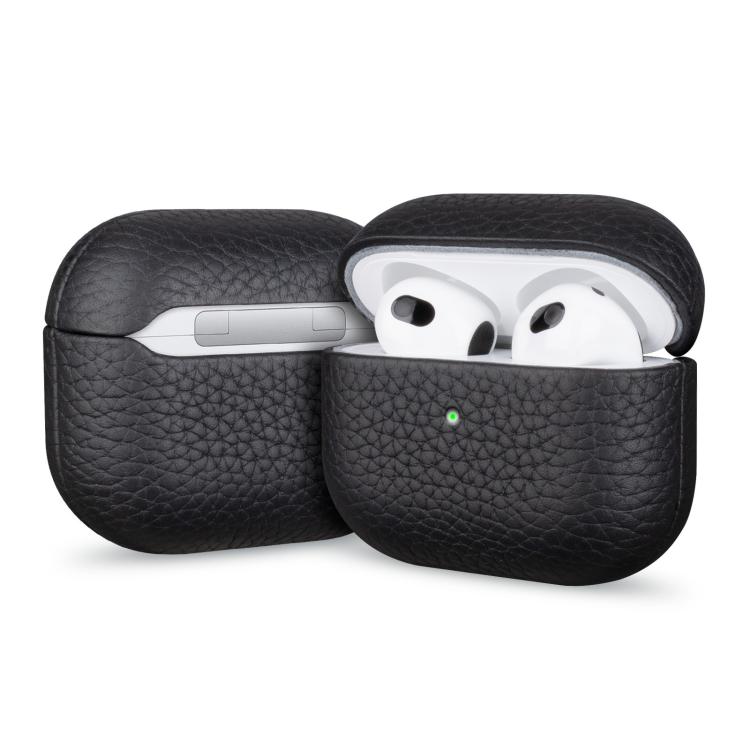 For AirPods 4 Litchi Grain Genuine Leather Earbuds Protective Case(Black)