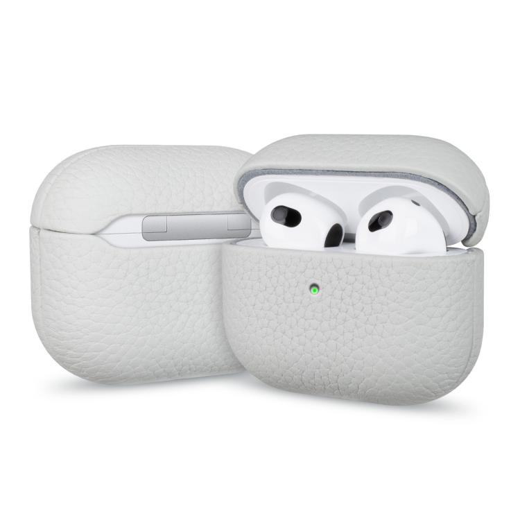 For AirPods 4 Litchi Grain Genuine Leather Earbuds Protective Case(Gray White)