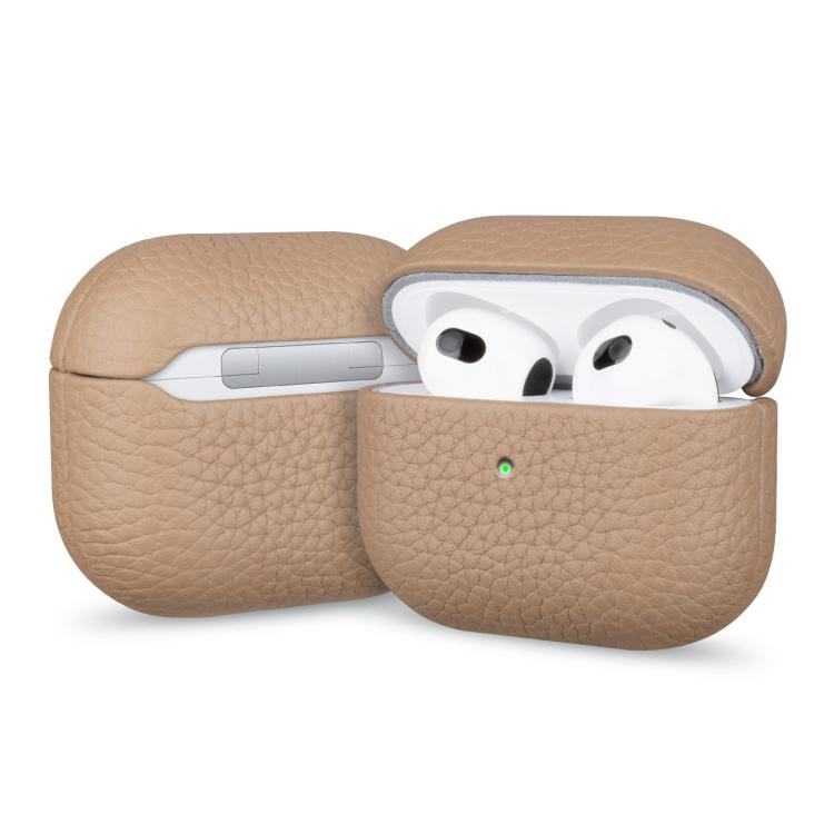 For AirPods 4 Litchi Grain Genuine Leather Earbuds Protective Case(Khaki)