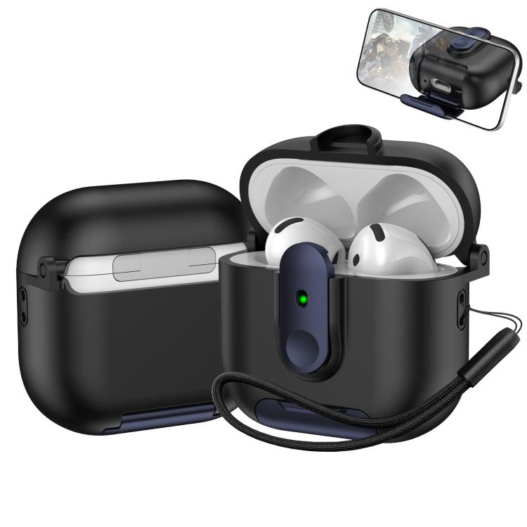 For AirPods 4 One-piece Holder Wireless Earphones Case with Lanyard(Black Dark Blue)