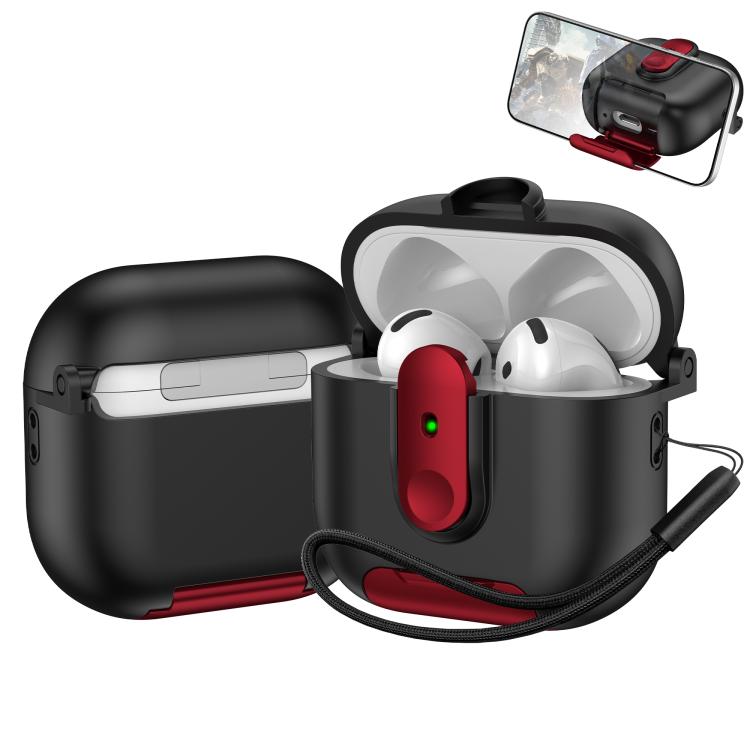 For AirPods 4 One-piece Holder Wireless Earphones Case with Lanyard(Black Red)