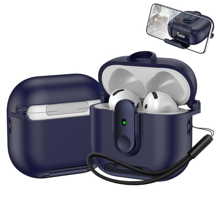 For AirPods 4 One-piece Holder Wireless Earphones Case with Lanyard(Dark Blue)