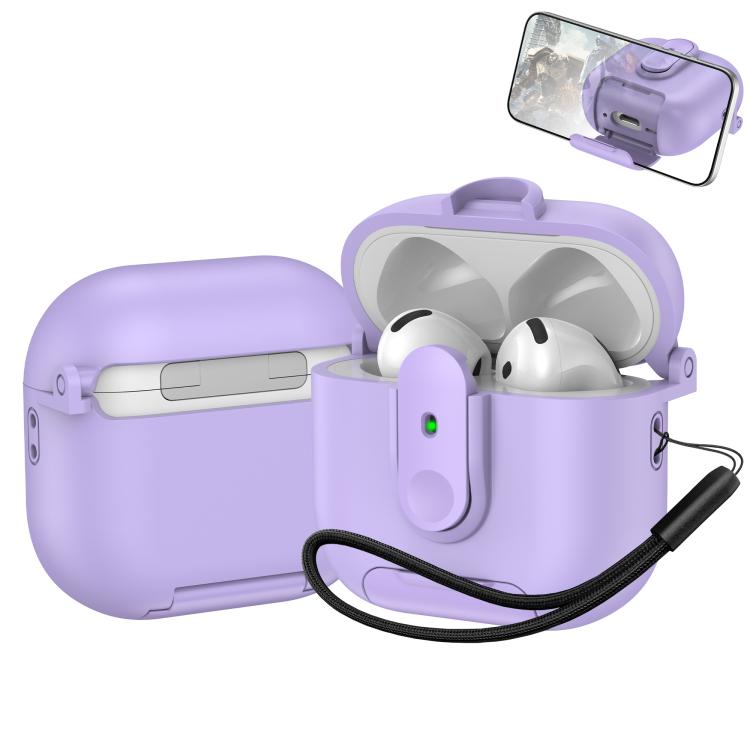 For AirPods 4 One-piece Holder Wireless Earphones Case with Lanyard(Purple)