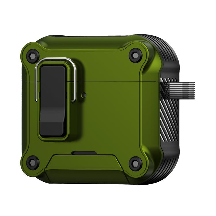 For AirPods 4 Safety Buckle Magnetic Auto Pop-Up Earphones Protective Case With Holder(Black Army Green)