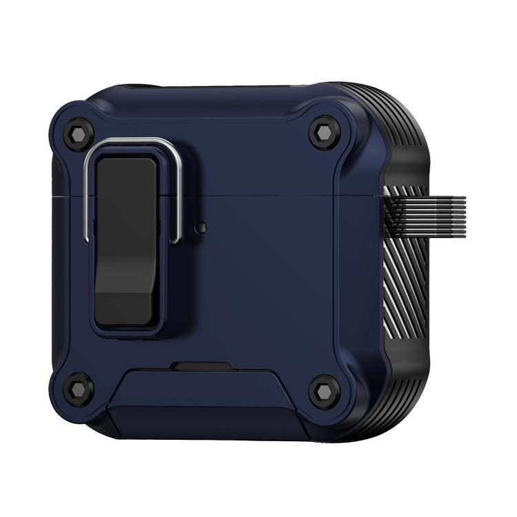 For AirPods 4 Safety Buckle Magnetic Auto Pop-Up Earphones Protective Case With Holder(Black Blue)