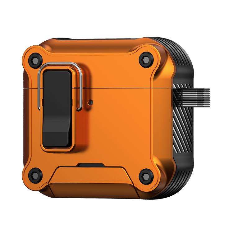 For AirPods 4 Safety Buckle Magnetic Auto Pop-Up Earphones Protective Case With Holder(Black Orange)