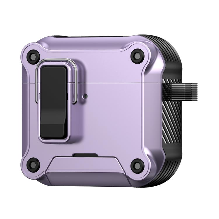 For AirPods 4 Safety Buckle Magnetic Auto Pop-Up Earphones Protective Case With Holder(Black Purple)