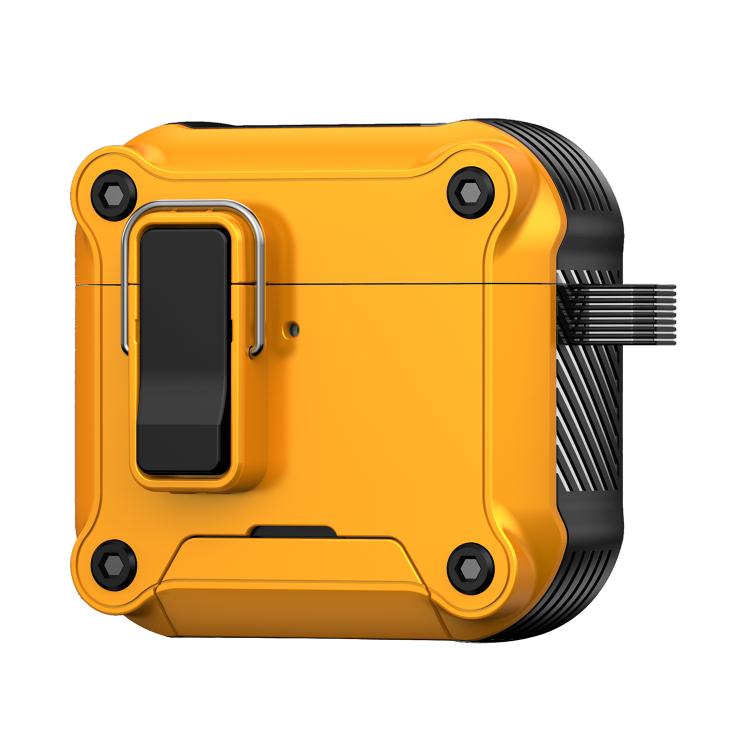 For AirPods 4 Safety Buckle Magnetic Auto Pop-Up Earphones Protective Case With Holder(Black Yellow)