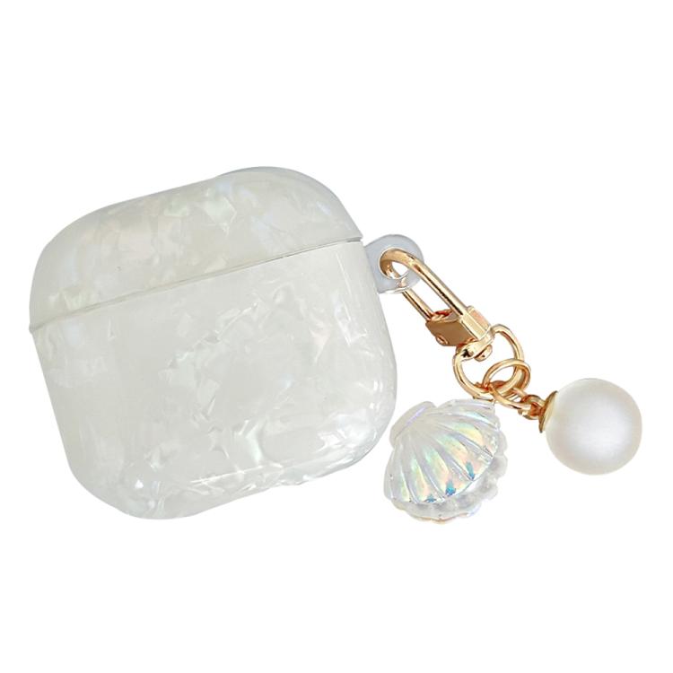 For AirPods 4 Shell Texture Pearl Hanging Buckle Earphone Case(White)