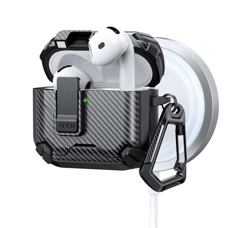 For AirPods 4 Two Color MagSafe Magnetic Holder Carbon Fiber Pattern Earphone Case(Black)