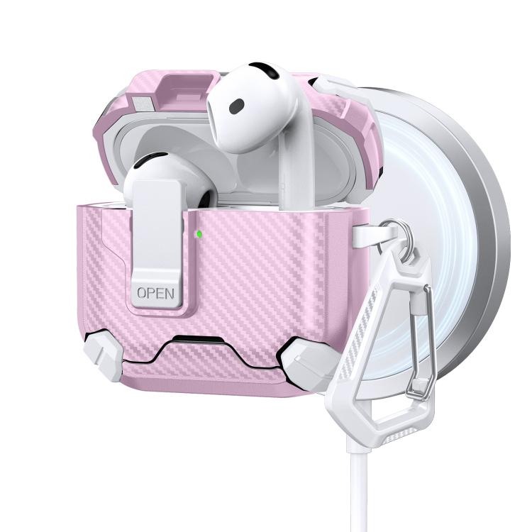 For AirPods 4 Two Color MagSafe Magnetic Holder Carbon Fiber Pattern Earphone Case(White Pink)