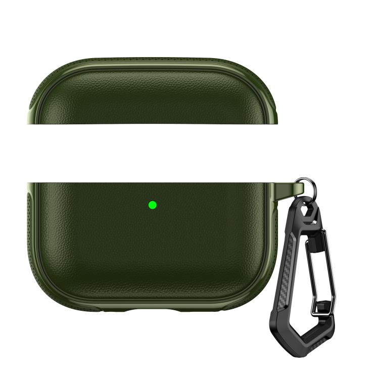 For AirPods Pro 2 / AirPods Pro Split Design Vegan Leather Texture Earphone Protective Case With Metal Hook(Green)