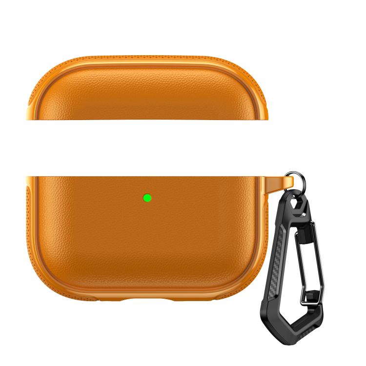 For AirPods Pro 2 / AirPods Pro Split Design Vegan Leather Texture Earphone Protective Case With Metal Hook(Orange)