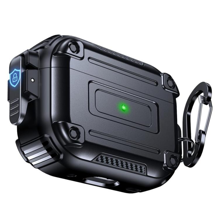 For AirPods Pro 2 Armor Carbon Fibre Safety Buckle Earphone Protective Cover with Carabiner(Black)