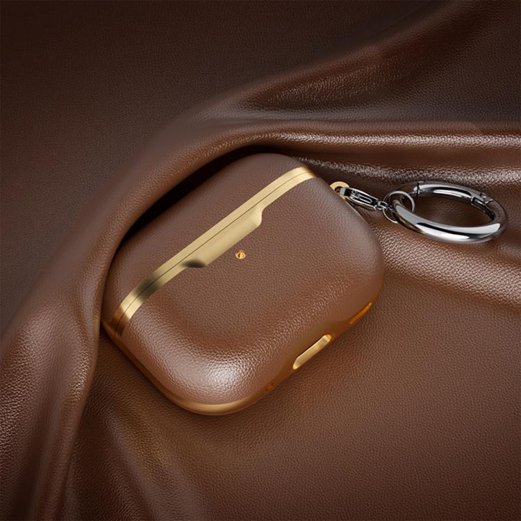 For Airpods Pro 2 Business Full Coverage Vegan Leather Protective Case(Gilded Brown)