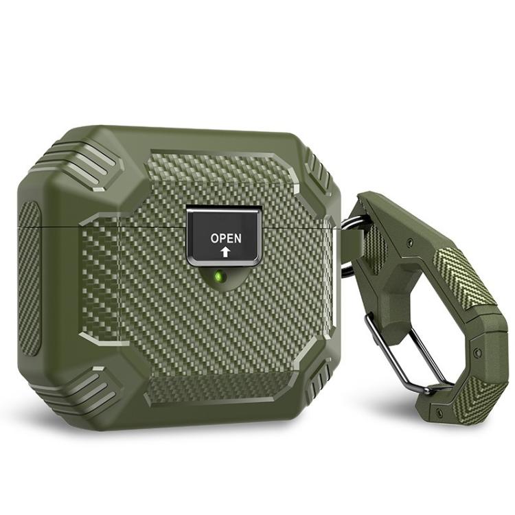 For AirPods Pro 2 Carbon Fibre Magnetic Snap-On TPU Earphone Protective Cover with Carabiner(Army Green)