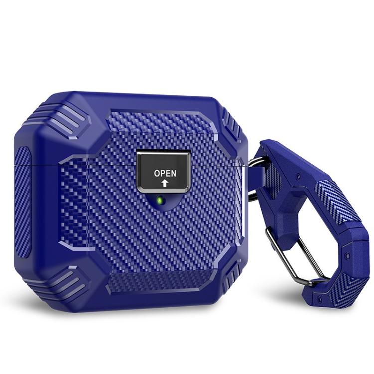 For AirPods Pro 2 Carbon Fibre Magnetic Snap-On TPU Earphone Protective Cover with Carabiner(Blue)