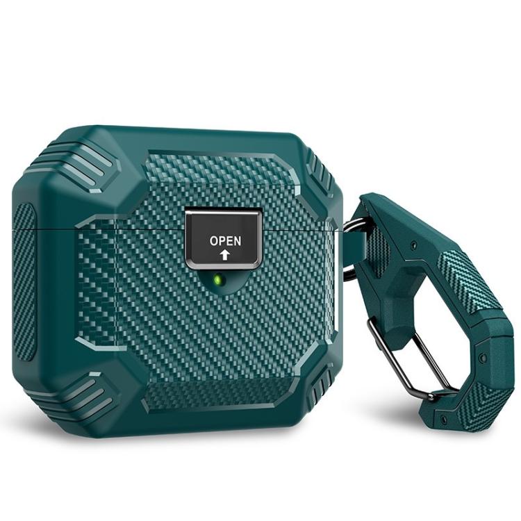 For AirPods Pro 2 Carbon Fibre Magnetic Snap-On TPU Earphone Protective Cover with Carabiner(Dark Green)