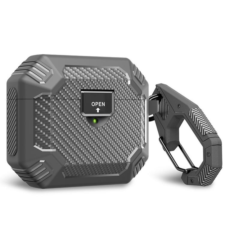 For AirPods Pro 2 Carbon Fibre Magnetic Snap-On TPU Earphone Protective Cover with Carabiner(Grey)
