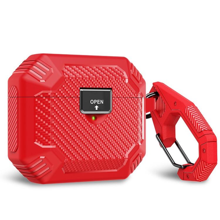 For AirPods Pro 2 Carbon Fibre Magnetic Snap-On TPU Earphone Protective Cover with Carabiner(Red)