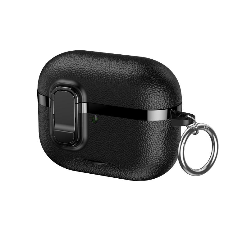 For AirPods Pro 2 Hidden Stand Electroplated Vegan Leather Texture Wireless Earphones Protective Case(Black)