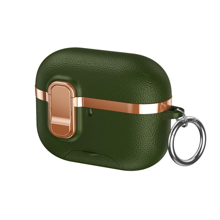 For AirPods Pro 2 Hidden Stand Electroplated Vegan Leather Texture Wireless Earphones Protective Case(Green)