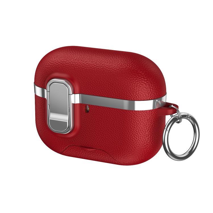For AirPods Pro 2 Hidden Stand Electroplated Vegan Leather Texture Wireless Earphones Protective Case(Red)