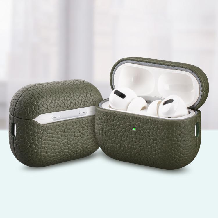 For AirPods Pro 2 Litchi Grain Genuine Leather Earbuds Protective Case(Army Green)