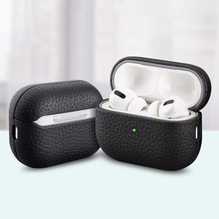 For AirPods Pro 2 Litchi Grain Genuine Leather Earbuds Protective Case(Black)
