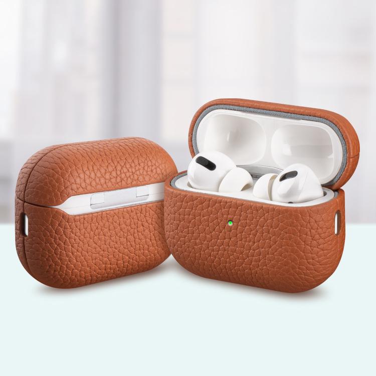 For AirPods Pro 2 Litchi Grain Genuine Leather Earbuds Protective Case(Brown)