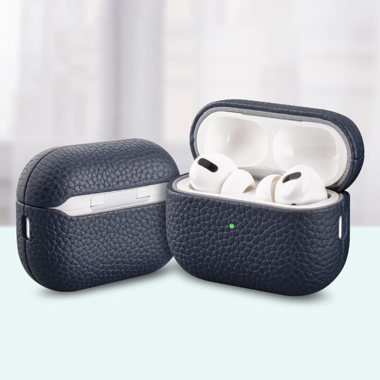 For AirPods Pro 2 Litchi Grain Genuine Leather Earbuds Protective Case(Dark Blue)