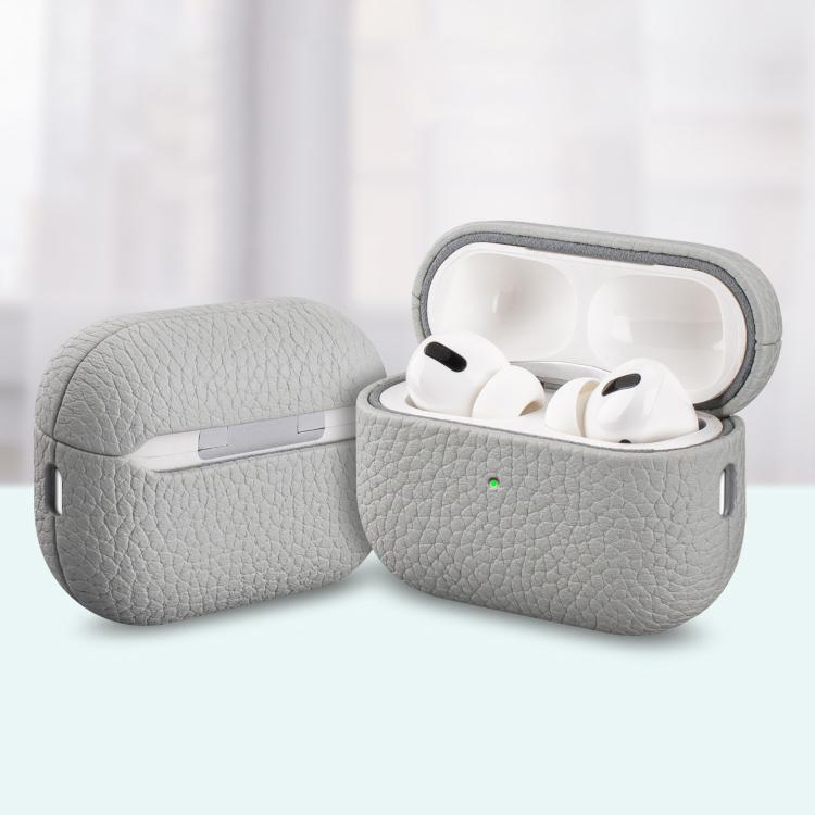 For AirPods Pro 2 Litchi Grain Genuine Leather Earbuds Protective Case(Gray White)