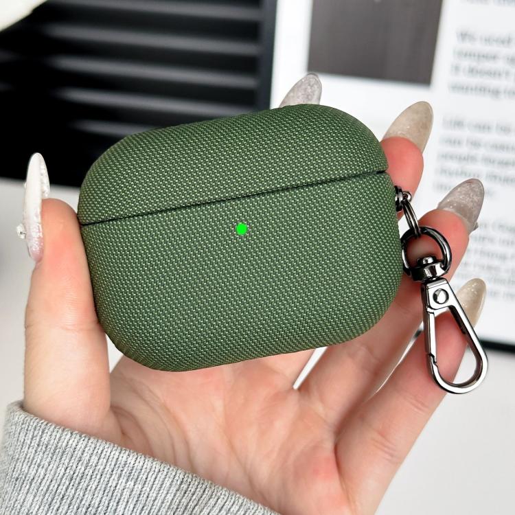 For AirPods Pro 2 Shockproof PC Hybrid PU Leather Earphone Case with Carabiner(Green)