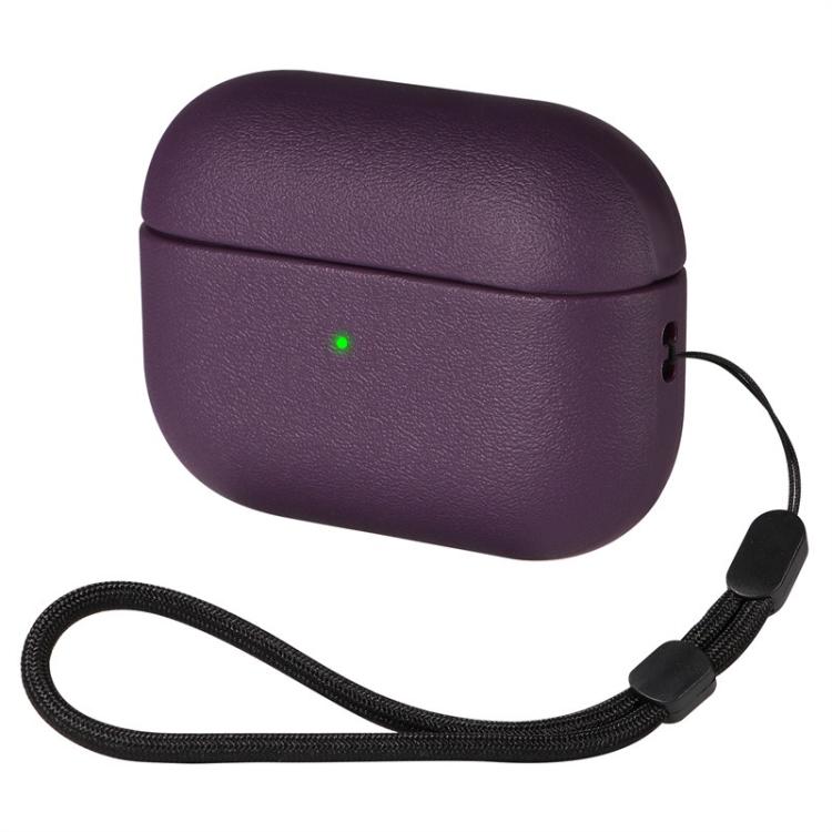 For AirPods Pro 2 Simple Solid Color Soft Leather Texture TPU Earphone Protective Cover with Strap(Purple)