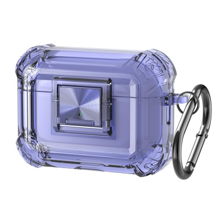 For AirPods Pro 2 Transparent Snap Lock Shockproof Earphone Cover with Carabiner(Transparent Blue)