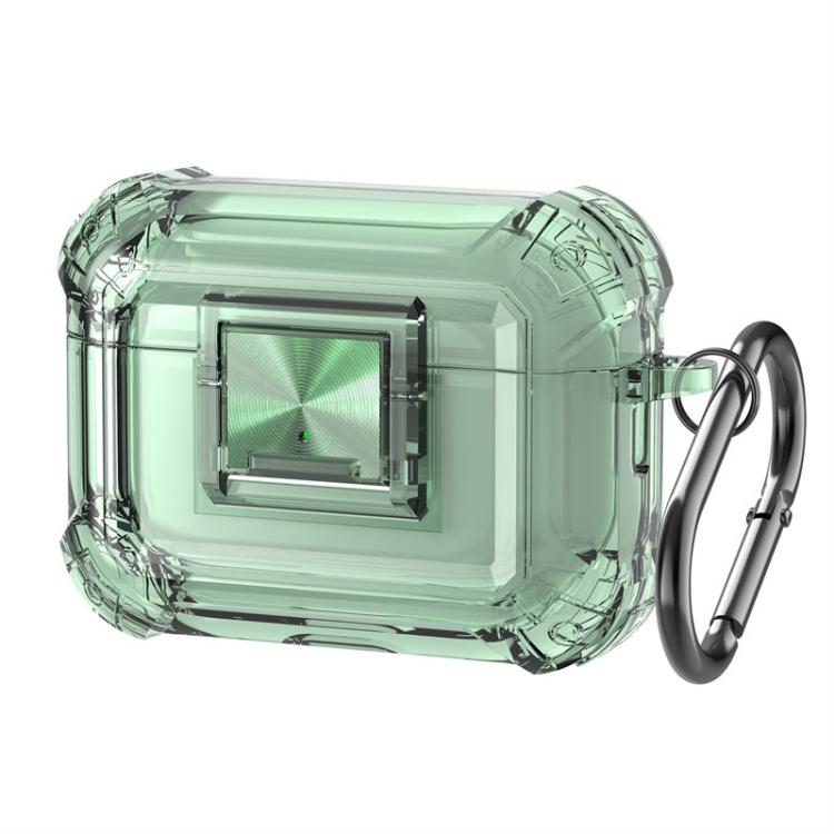 For AirPods Pro 2 Transparent Snap Lock Shockproof Earphone Cover with Carabiner(Transparent Green)