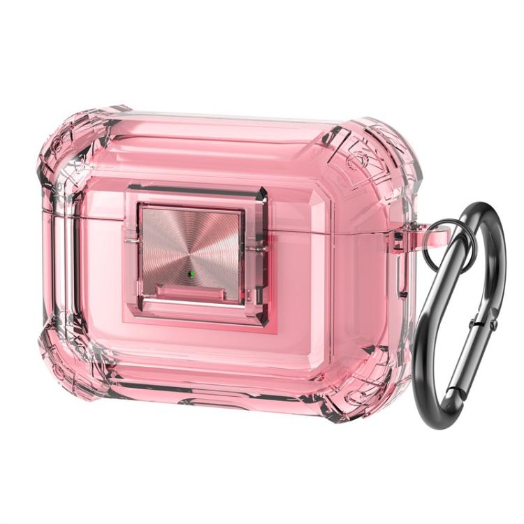 For AirPods Pro 2 Transparent Snap Lock Shockproof Earphone Cover with Carabiner(Transparent Pink)