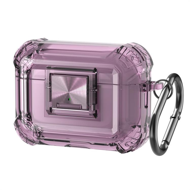 For AirPods Pro 2 Transparent Snap Lock Shockproof Earphone Cover with Carabiner(Transparent Purple)