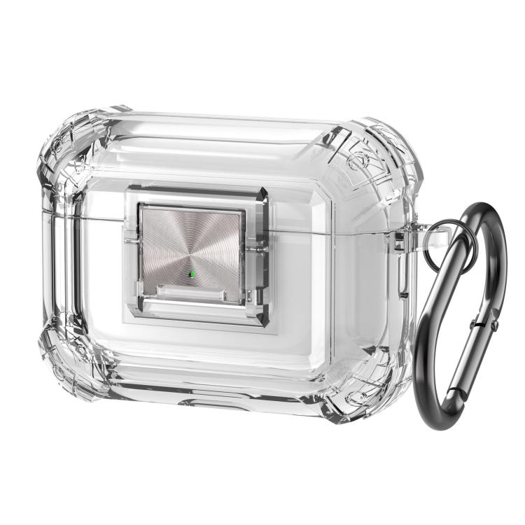 For AirPods Pro 2 Transparent Snap Lock Shockproof Earphone Cover with Carabiner(Transparent Silver)