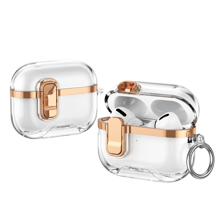For AirPods Pro 3 Electroplating Transparent Wireless Earphones Case with Security Lock(Champagne Gold)