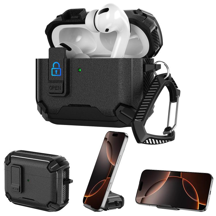 For AirPods Pro 3 Explorer Dual Color Side Carbon Fiber Magnetic Holder Earphone Case(Black)