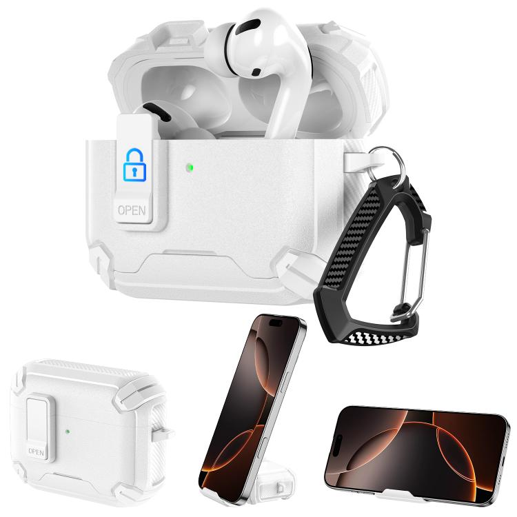 For AirPods Pro 3 Explorer Dual Color Side Carbon Fiber Magnetic Holder Earphone Case(White)