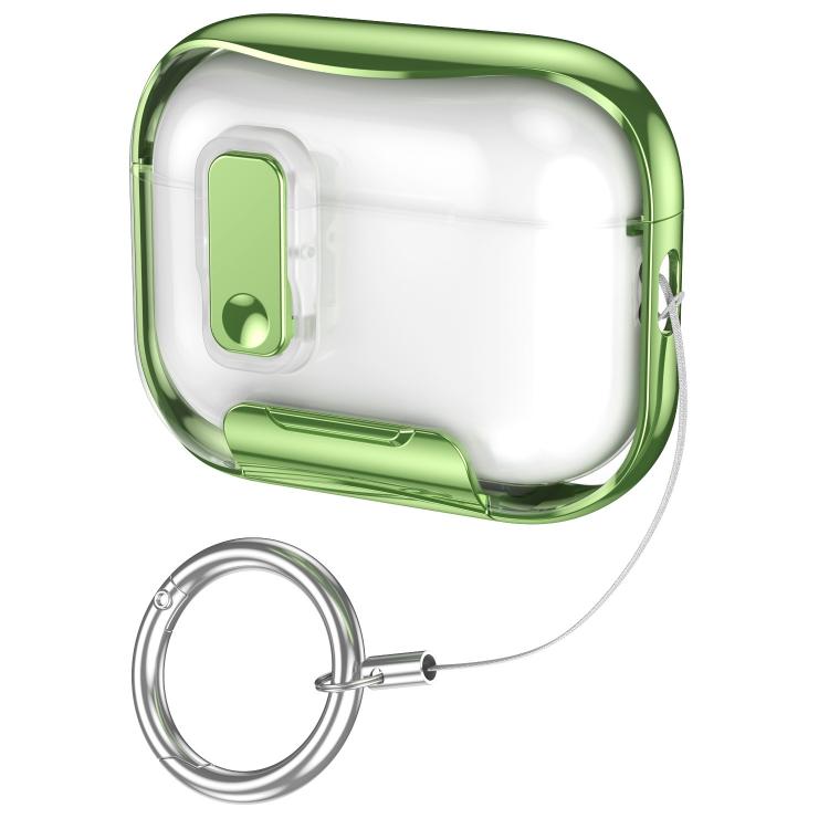 For AirPods Pro 3 Glass-Coated Transparent Electroplated Lock Invisible Holder Earphone Cover with Metal Ring Buckle(Emerald Green)