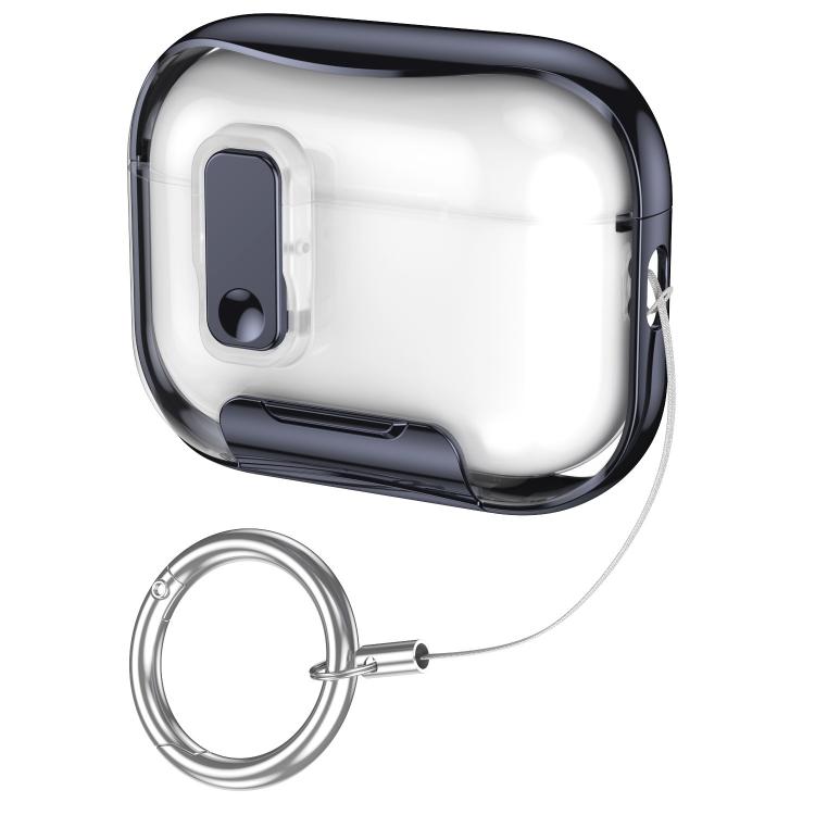 For AirPods Pro 3 Glass-Coated Transparent Electroplated Lock Invisible Holder Earphone Cover with Metal Ring Buckle(Glowing Night Black)