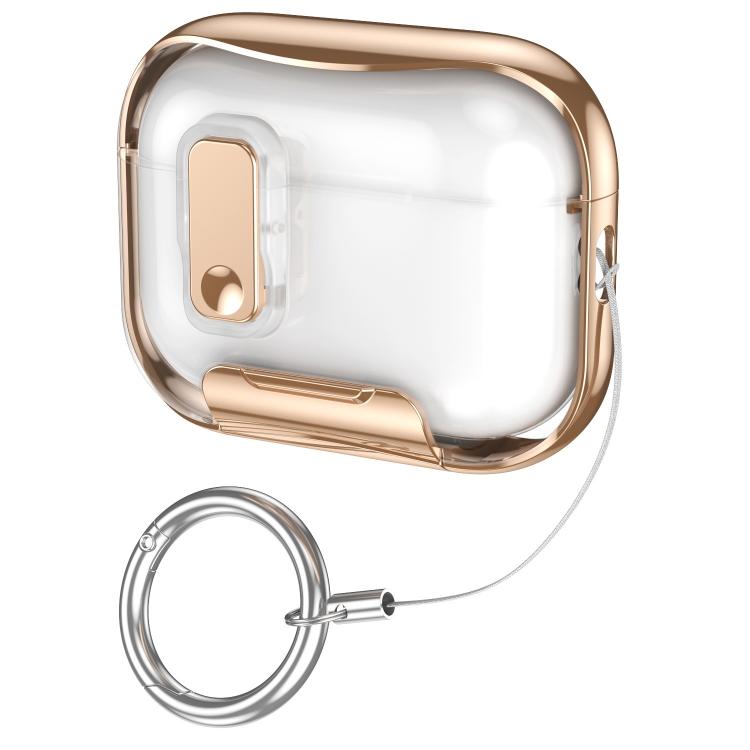 For AirPods Pro 3 Glass-Coated Transparent Electroplated Lock Invisible Holder Earphone Cover with Metal Ring Buckle(Luxury Gold)